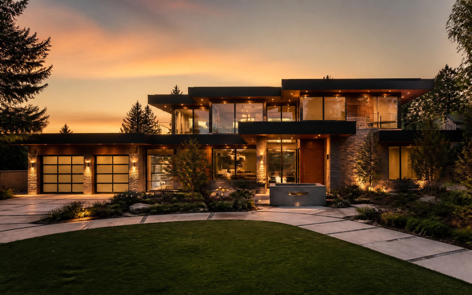 Modern luxury residential home lit at golden hour